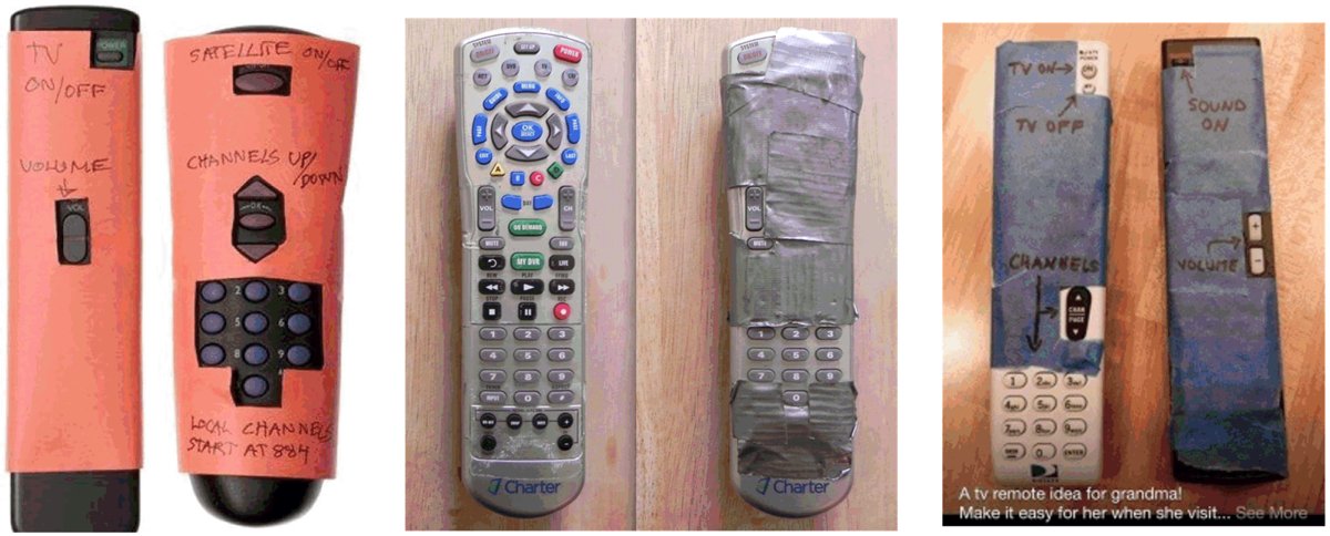 Remotes wrapped in paper and duct tape with hand-written labels, leaving only a few keys exposed